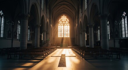 Obraz premium Gothic cathedral interior with sunlight streaming through stained glass windows and wooden pews