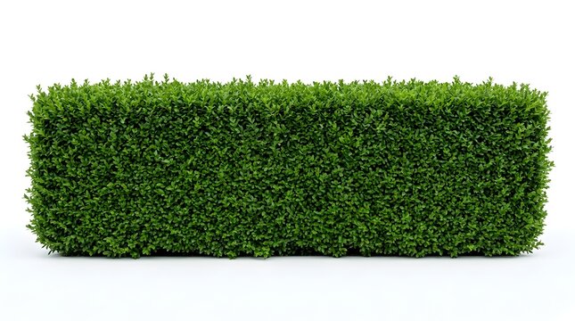 Rectangular green hedge bush isolated on a white background, manicured garden shrubbery for landscaping and architectural visualization with dense foliage and clean trimmed edges.