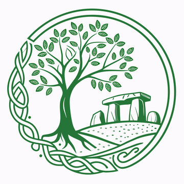 Dolmen megalithic tomb icon framed by celtic tree of life and braided border for prehistoric archaeological site branding and heritage protection.