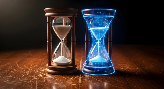 Dua jam pasir berdampingan menunjukkan jam pasir kayu tradisional dan jam pasir digital neon biru yang futuristik