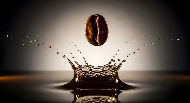 Satu biji kopi panggang jatuh ke dalam cairan kopi menghasilkan cipratan mahkota