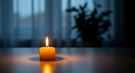 Satu lilin menyala di atas meja dengan latar belakang gelap dan bayangan tanaman