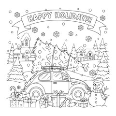 Fototapeta premium Coloring Book For Children, Festive Winter Holidays, Car Transporting Christmas Tree, Vector Clip Art