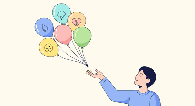 Young man releasing colorful balloons symbolizing emotions like sadness, heartbreak, and stress, conveying a sense of catharsis and letting go with clean lines and a gentle pastel