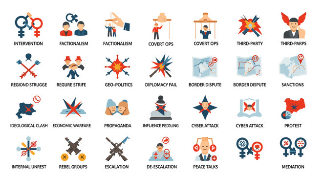 Collection of flat vector icons representing geopolitical conflicts, diplomatic challenges, and resolution strategies, featuring clear lines, distinct shapes, and a limited color