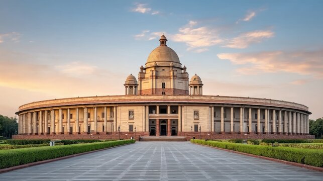 Majestic View of the Indian Parliament Building at Sunset with Vibrant Sky and Lush Surroundings