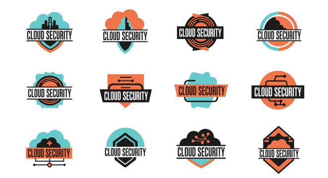 Collection of twelve distinct cloud security emblems featuring clean geometric shapes, vibrant teal and orange color palettes, and modern minimalist design for digital protection
