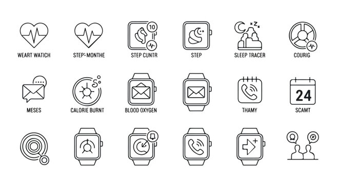 Minimalist smartwatch icons set, 18 health and fitness tracking line symbols, wearable technology interface elements for mobile apps and web design