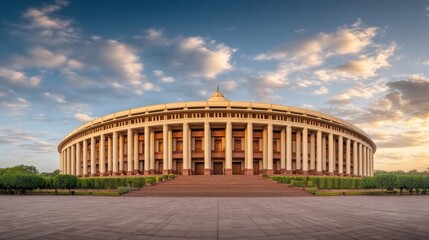 Plakat Wide Angle View of Indian Parliament House During Golden Hour with Dramatic Sky and Clouds