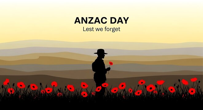 Anzac Day commemorative banner, Lest We Forget text with soldier silhouette, red poppy field at dawn, Australian and New Zealand war memorial background