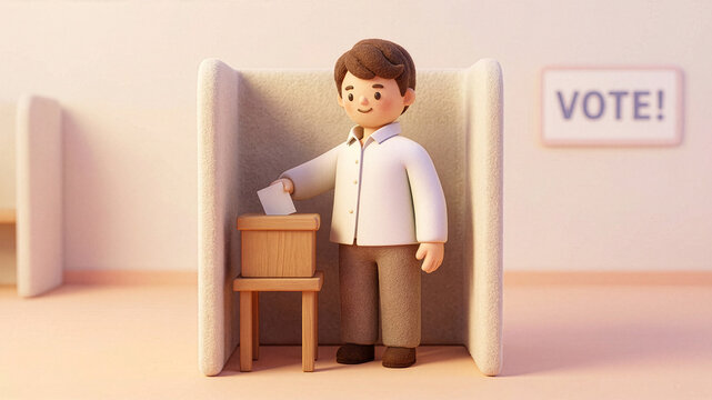 투표함에 투표용지를 넣고있는 남성 3D 캐릭터