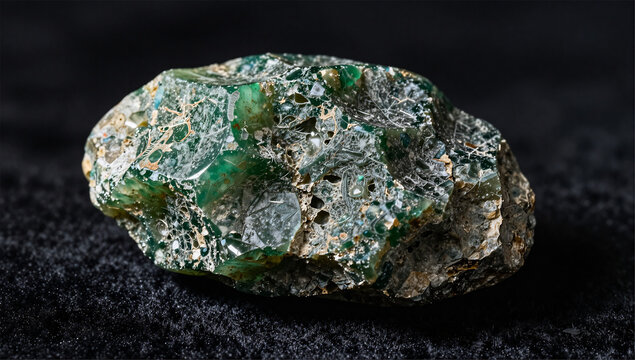 Side Profile of Sculpted Moldavite Tektite on Black Silk