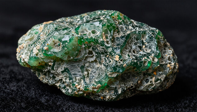 Side Profile of Sculpted Moldavite Tektite on Black Silk