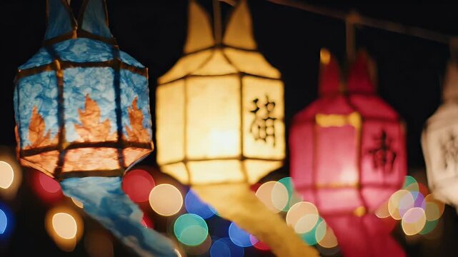A vibrant collection of illuminated lanterns hangs against a dark night sky, creating a festive and warm atmosphere.