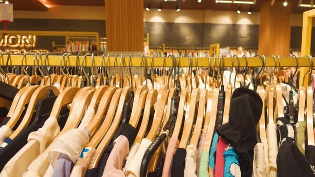 Clothing rack full of various apparel on wooden hangers inside a modern retail store, showcasing fashion, shopping, and sustainability concepts through second hand or new collections