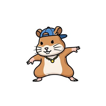 A cartoon hamster with a backwards cap and gold chain, posing confidently. It has brown fur and is on a white background