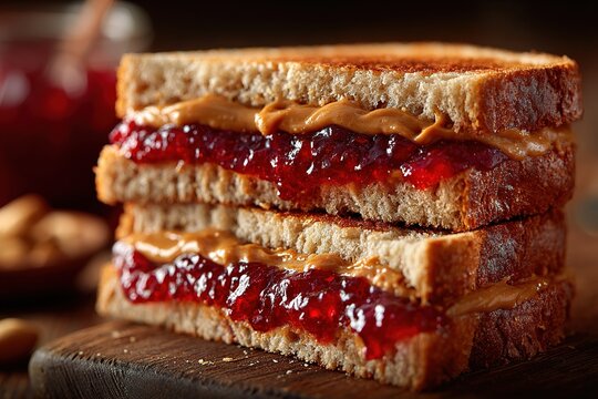 Close-up of a stacked peanut butter and jelly sandwich on a wooden board