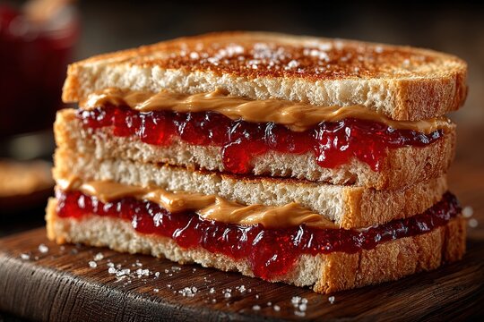 Close-up of a stacked peanut butter and jelly sandwich on a wooden board