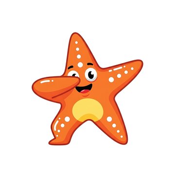 A cartoon illustration of a happy, orange starfish with white spots and a yellow tummy, waving a tentacle
