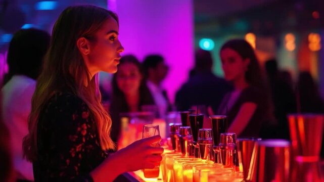Nightclub Bartending with Colorful Cocktails and Vibrant Atmosphere Featuring a Young Woman. Experience the Pulsing Energy and Social Interaction in a Trendy Bar. Generative AI