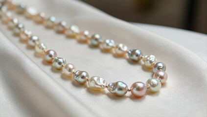 Obraz premium Organic Keshi Pearl Necklace Draped over Luxurious Ivory Silk Fabric