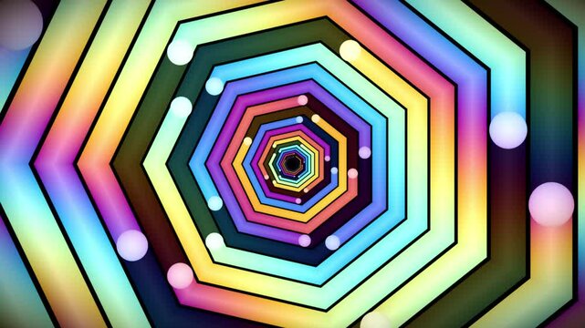 Abstract infinite tunnel with glowing colorful neon light shapes