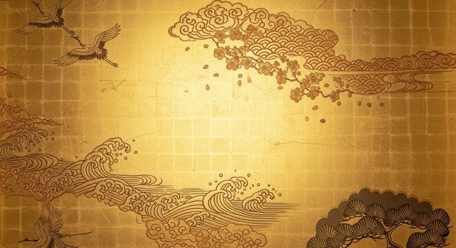 Serene traditional japanese landscape with cranes flying amidst waves and clouds on golden textured background illustration