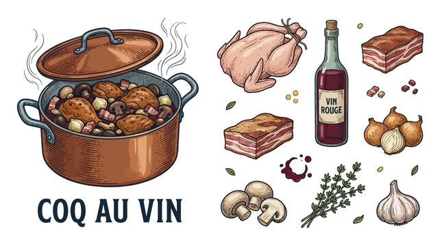 Classic French Coq au Vin Recipe Illustration with Ingredients like Chicken, Red Wine, Mushrooms, and Bacon in a Copper Pot Vector Set