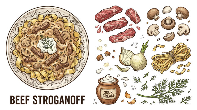 Vector Illustration of Beef Stroganoff Dish and Raw Ingredients Set Including Meat, Mushrooms, Onions, Pasta, and Sour Cream in Vintage Hand Drawn Style