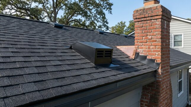 Modern dark gray asphalt shingle roof with a brick chimney and a new black vent on a sunny day