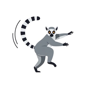 A cartoon illustration of a lemur in mid-action, featuring a striped tail and alert expression