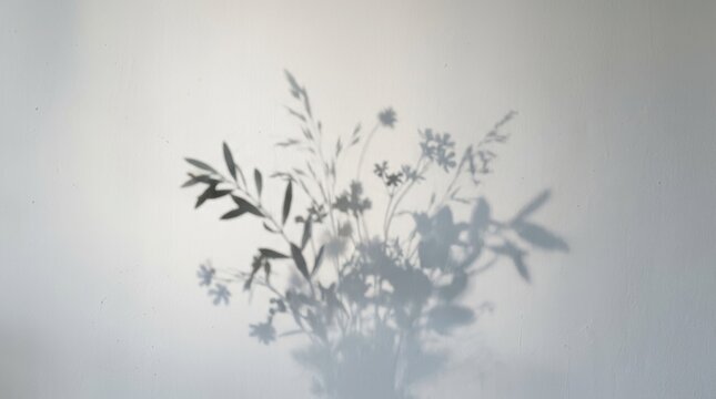 Delicate shadow play of wildflowers and grasses cast on a textured white wall