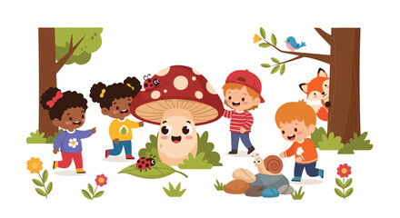 Fototapeta premium Happy diverse children discover a giant smiling mushroom and friendly forest animals in a colorful, whimsical outdoor park setting.