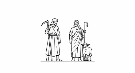 Obraz premium Two men in ancient robes, one holding a scythe, the other a crook, with a sheep