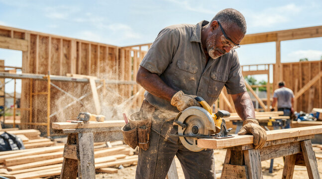 Senior Black male carpenter cutting lumber with a circular saw. Construction worker using power tools at a residential building site. Flying sawdust