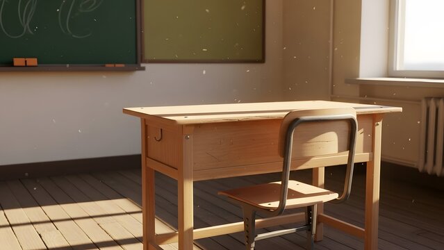 Empty classroom with wooden student desk and chair and blackboard for education
