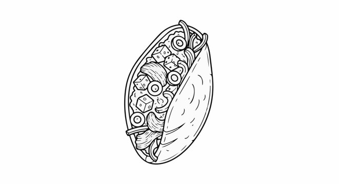 Detailed black and white drawing of a taco filled with various toppings including dice and olives