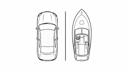 Overhead view sketches of a car and a speed boat, separated by a line