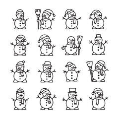 Obraz premium Cute snowman collection with hats and brooms in simple line art style