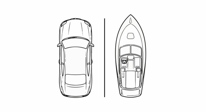 Overhead view sketches of a car and a speed boat, separated by a line