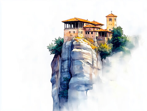 watercolor painting of a historic monastery perched on a rocky pillar in Meteora
