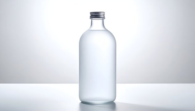 A tall, slender glass bottle, filled with clear liquid and capped with a silver top, stands against a gradient white backdrop
