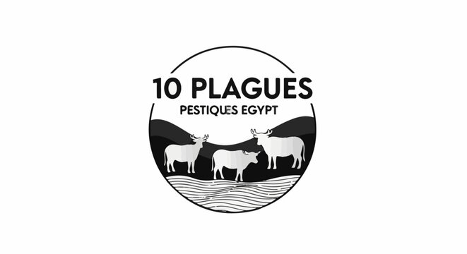 Stylized circular emblem with cattle and text about Egyptian plagues