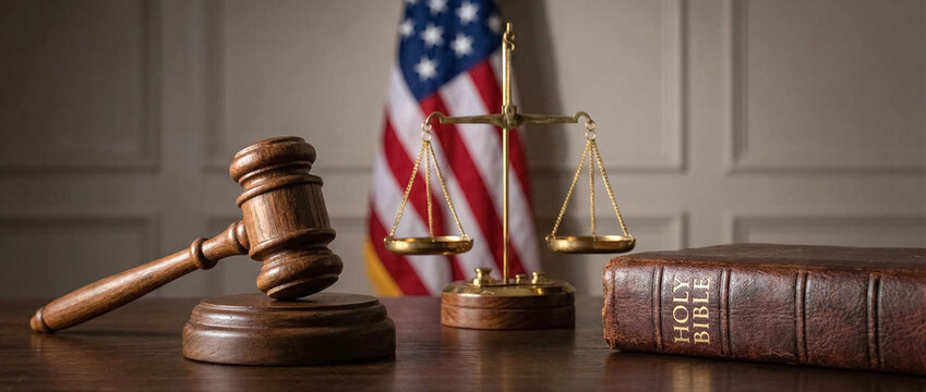 Judge gavel, scales of justice and Holy Bible with American flag, legal law and court concept. 