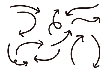 手描き風カーブ矢印セット シンプルな方向指示ラインアイコン素材集　黒 © fii
