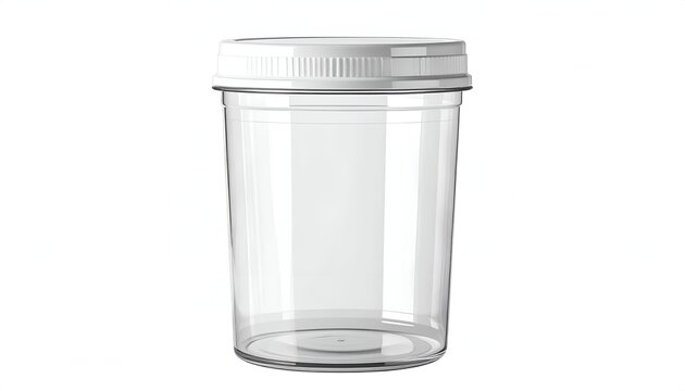A transparent, cylindrical container with a white, ribbed lid. It's empty, and the plastic appears clean and unused, suitable for various uses