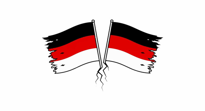 Two torn flags, black, red, white, ripped down the middle