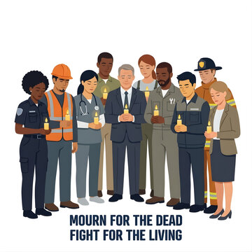 Vector Illustration of Laborers and Employees Mourning with Candles for Occupational Safety Awareness