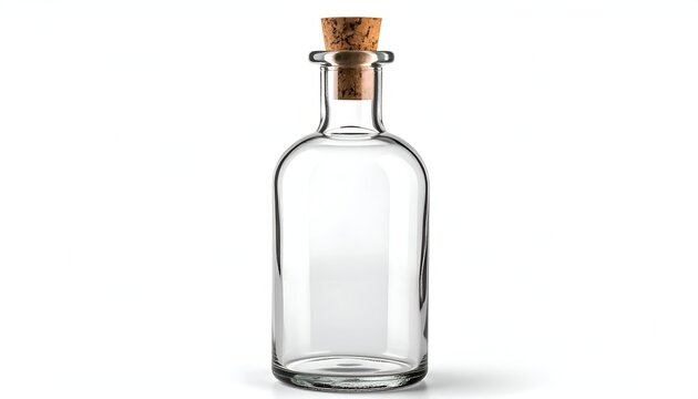 A transparent glass bottle with a cork stopper, presented against a stark white background. The bottle's simple, elegant design is evident