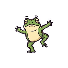 Obraz premium A cartoon frog stands on one leg, arms outstretched, looking slightly dazed. Green skin with brown spots, light belly